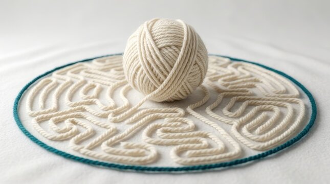 Cream yarn ball with circular labyrinth pattern