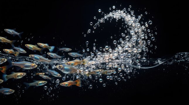 School of tropical fish swimming in water with bubbles