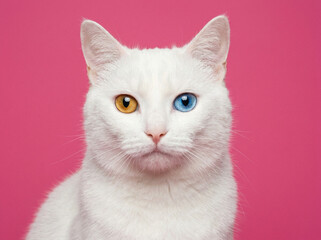 Fototapeta premium Beautiful white cat with heterochromia eyes looking at camera on a pink background