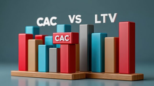 3D bar chart comparing CAC (Customer Acquisition Cost) and LTV (Lifetime Value) in red and blue bars on wooden platforms against a blue background.