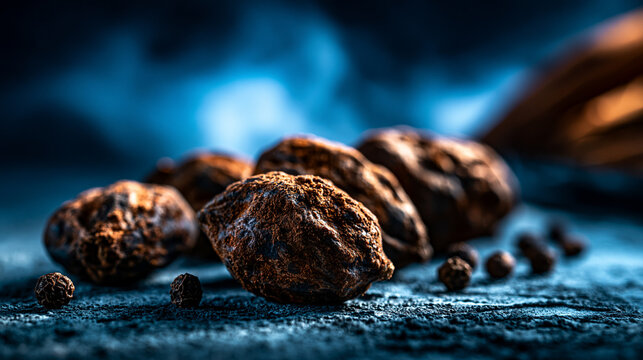 Aromatic dried haritaki fruits with black peppercorns on rustic dark textured surface