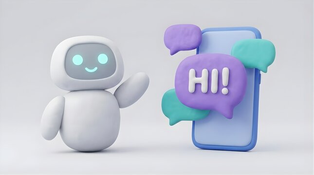 White robot waving next to smartphone with message speech bubbles.