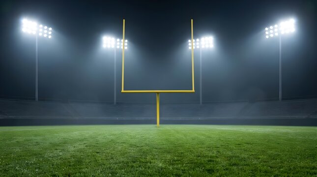 Wide football goal post in stadium at night under bright floodlights.