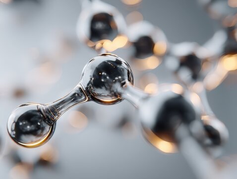 Macro shot of interconnected metallic spheres representing a chemical molecule structure
