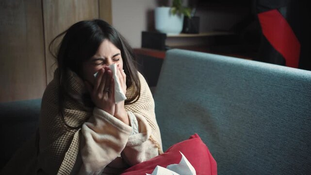 Young Latina woman sick on the sofa at home with nasal congestion and fever. Health and wellness lifestyle video representing flu symptoms, illness recovery, self-care and resting at home.
