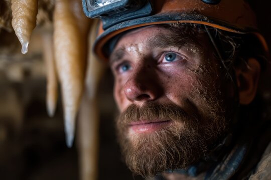 Man exploring a cavern with large mineral formations hanging overhead