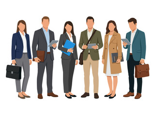 Obraz premium Diverse Business Team Holding Tablets and Folders on White Background