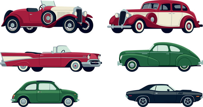 Classic Vintage Car Flat Vector Illustration Set Featuring Antique Roadsters, Retro Muscle Cars, Old Coupe Models, and Nostalgic Automobile Icons for Automotive Repair and Showroom Branding Designs
