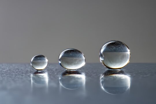 Three glass spheres of varying sizes reflecting on a metallic surface