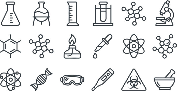 Science Laboratory Line Icon Set with Chemistry Beaker, Molecule Structure, Microscope, DNA Strand, and Biohazard Warning Symbols for Medical Research Web Interface Designs