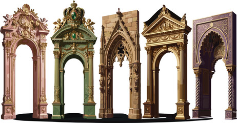 Fototapeta premium Ornate Historical Architectural Archway Set with Baroque Gothic and Moroccan Style Pillars for Luxury Wedding Invitations and Elegant Graphic Background Designs