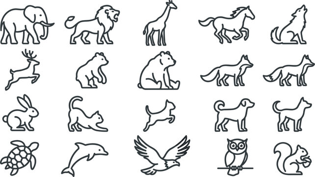 Wild Animal and Domestic Pet Line Icon Set with Safari, Forest, Marine, and Aviary Wildlife Symbols for Nature Conservation and Children Educational Web Designs
