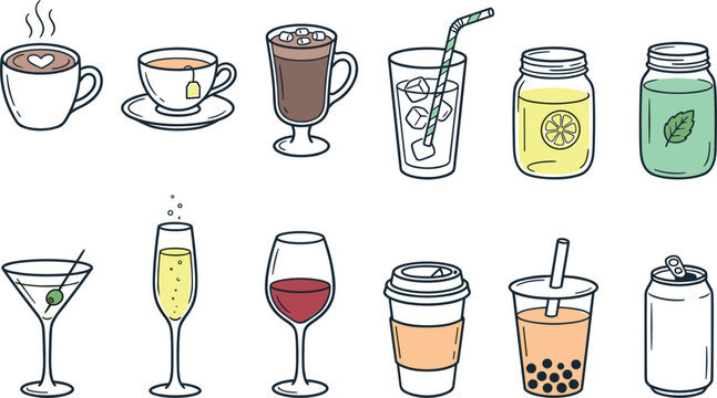 Hot and Cold Beverage Flat Color Line Icon Set with Coffee Cup, Tea, Cocktail, Wine Glass, Bubble Tea, and Soda Can Symbols for Cafe Menu Interface Designs