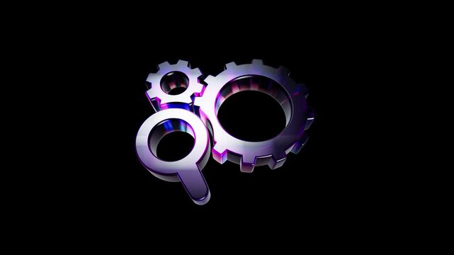 Shiny metallic gears and magnifying glass icon on black background 3D Icon