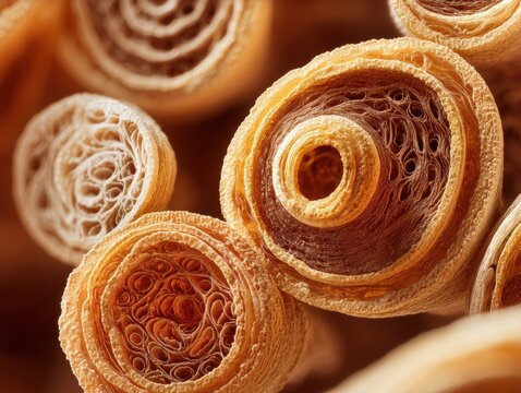 Close-up view of stacked rolled parchment paper rolls