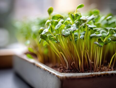 Vibrant green microgreens sprouting from dark soil in a shallow container