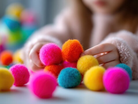 Close-up of a child's hand touching colorful pom-poms on a white surface