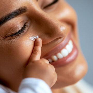 Happy woman applying moisturizing face cream on her cheek with baby finger, skincare
