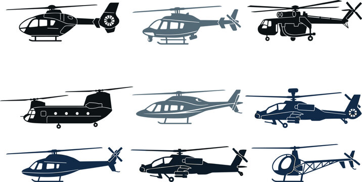 Helicopter Silhouette Icon Set Featuring Military Attack Choppers, Civil Aviation Copters, Transport Aircraft, and Rescue Chopper Symbols for Aerospace Industry and Graphic Travel Designs