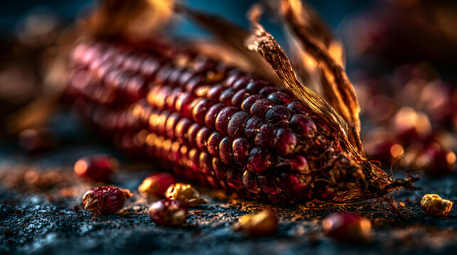 Fresh whole ear of purple flint corn cob with kernels and husks on rustic background