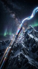 Naklejka premium Fountain pen writing magic over mountain landscape at night
