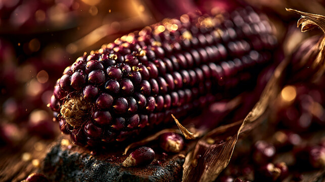 Close-up of purple corn cob kernels with organic texture on dark background, vegetable