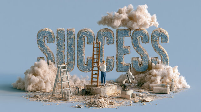 A conceptual representation of success with a person climbing a ladder toward the word 'SUCCESS', surrounded by clouds of dust, symbolizing achievement and hard work.