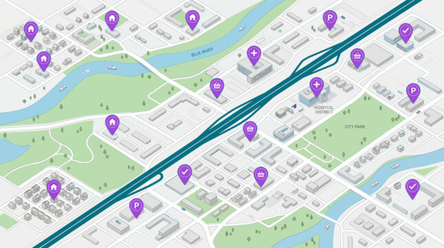 Isometric city map design with purple navigation pins showing residential areas hospital district and shopping zones, illustrating urban infrastructure planning and provides location tracking services