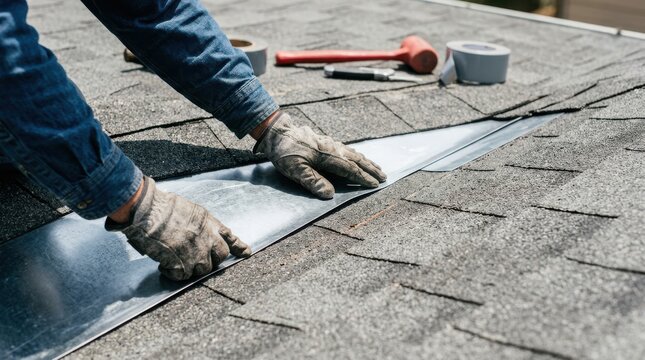 Roofer installing metal flashing on a residential asphalt shingle roof