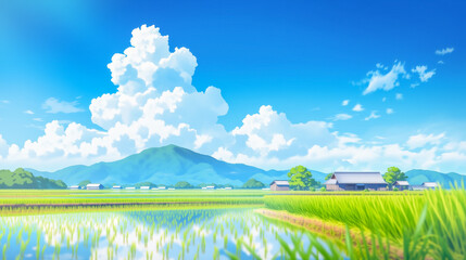 Obraz premium 青空に大きな入道雲が浮かぶ日本の美しい夏の田舎風景、水田に空が反射するノスタルジックなアニメスタイルの背景イラスト