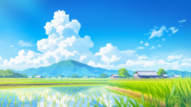 青空に大きな入道雲が浮かぶ日本の美しい夏の田舎風景、水田に空が反射するノスタルジックなアニメスタイルの背景イラスト