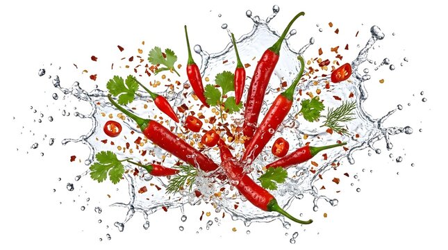 Fresh Red Chili Peppers With Water Splash And Herbs Isolated