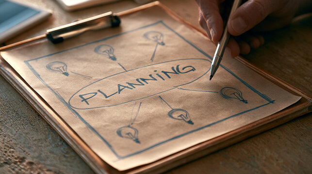 A person engaged in brainstorming and planning activities on a notepad