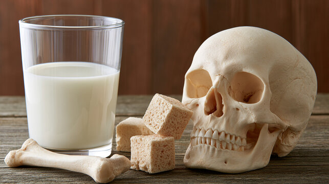 A striking composition featuring a glass of milk, sugar cubes, and a skull, symbolizing the contrast between life and death, nourishment, and mortality