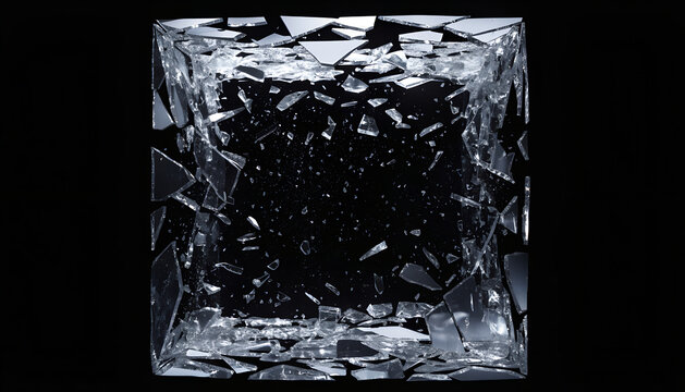 Broken glass exploding while maintaining the invisible outline of a cube, shards floating exactly where the cube once existed, dramatic studio lighting, isolated on black background, highly detailed.
