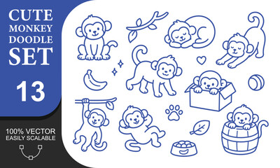 Obraz premium Cute monkey doodle set 13, hand drawn animals, baby jungle characters in different poses for kids design.