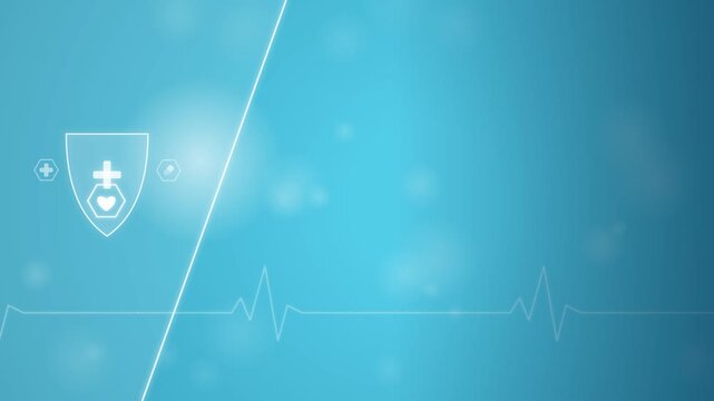 Medical ECG Pulse and Shield Motion Background. Professional blue healthcare template featuring a moving heartbeat line and secure protection symbols for clinical video projects.