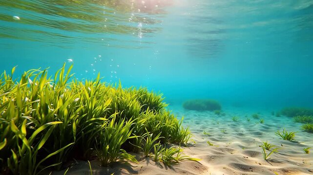 Algal Bloom Photosynthesis: Oxygen Bubbles Rising from Seagrass