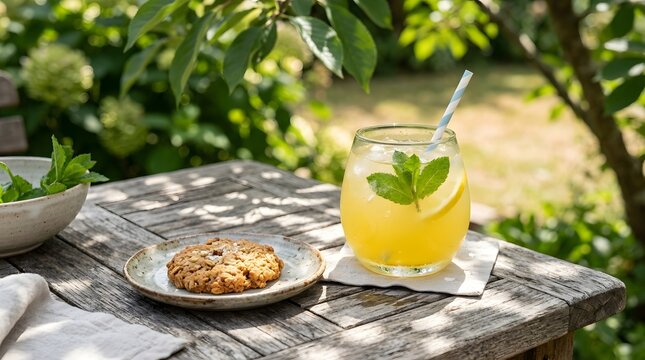 Chilled glass of yellow lemonade with mint sprig and oatmeal cookie on rustic wooden table.
