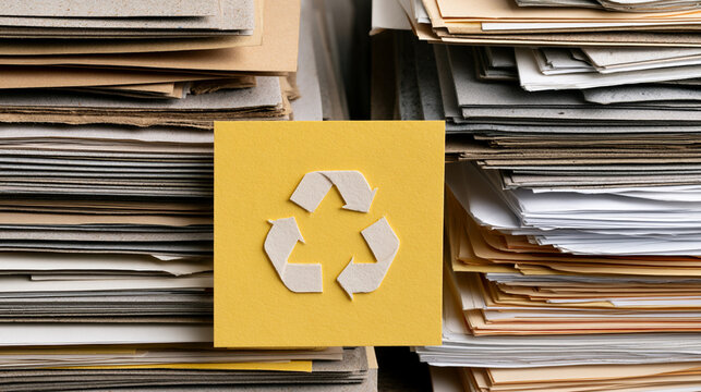 A yellow sticky note with a recycling symbol is prominently displayed amid a pile of paperwork, highlighting the importance of recycling and eco-friendly practices in modern office