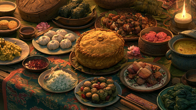An enticing spread of diverse dishes beautifully arranged on rustic plates, showcasing vibrant colors and textures, perfect for capturing the essence of culinary traditions and cel
