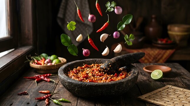 Traditional Indonesian Sambal In Stone Mortar With Floating Ingredients