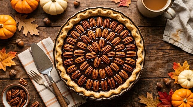 Homemade chocolate pecan pie on rustic wooden table, thanksgiving dessert with autumn harvest ingredients and warm spices, perfect for national chocolate pecan pie day