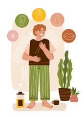 Somatic grounding mindfulness mental health five senses calm person standing relaxed surrounded by sensory icons plants cozy home decor