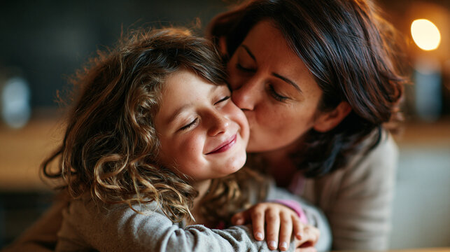 Close up of mother tenderly kissing her little daughter on the cheek with daughter
