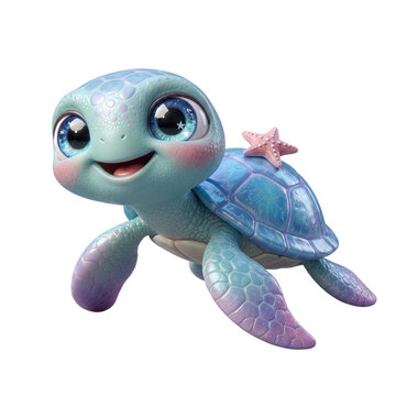Adorable blue 3d cartoon sea turtle with starfish on shell