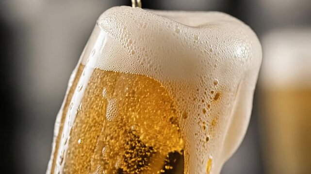 Refreshing Beer Pour - A Close-Up of Golden Liquid and Bubbly Foam.