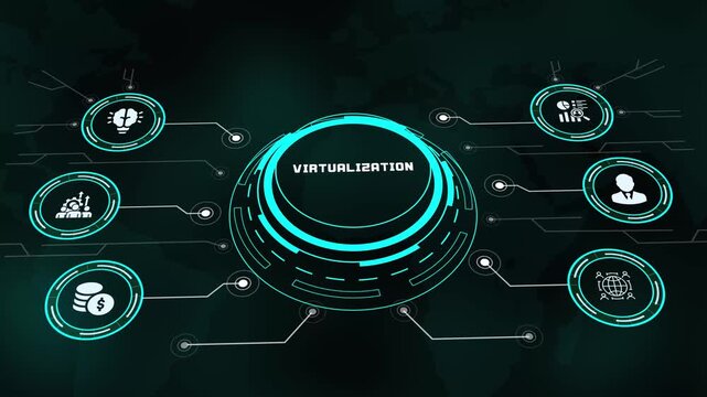 High tech HUD digital interface displaying virtualization network system and cloud infrastructure.