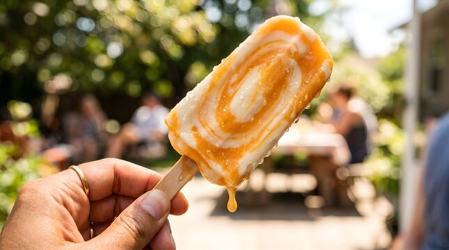 Hand holding melting orange creamsicle popsicle on sunny day, close-up of summer frozen dessert treat dripping in warm outdoor light, perfect for national creamsicle day