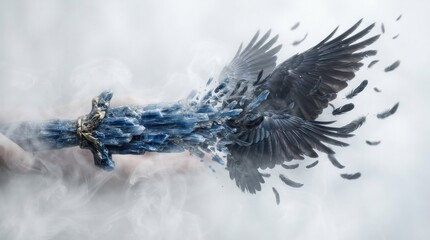 Obraz premium Fantasy sword made of blue crystals transforming into a raven